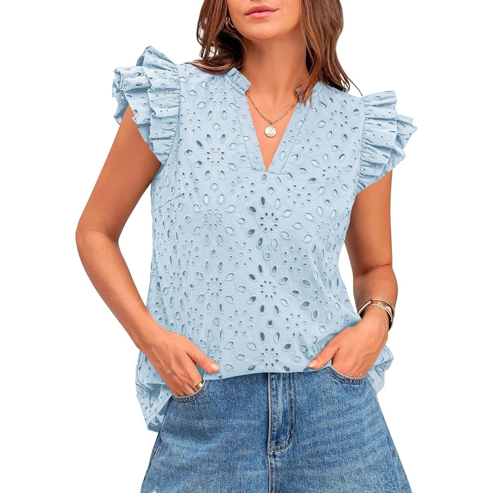 image:imageBTFBM Eyelet Tops for Women Dressy Casual Embroidered ShirtLight Blue