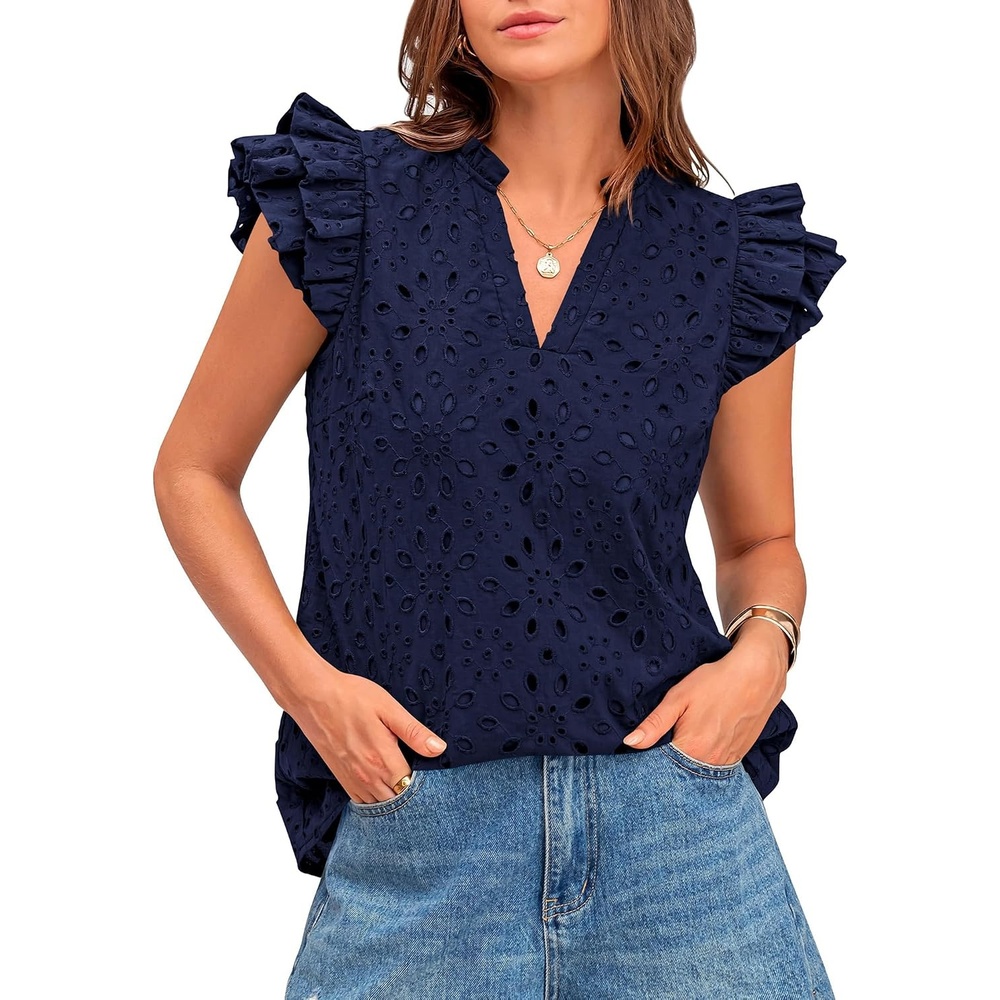 image:imageBTFBM Eyelet Tops for Women Dressy Casual Embroidered ShirtNavy