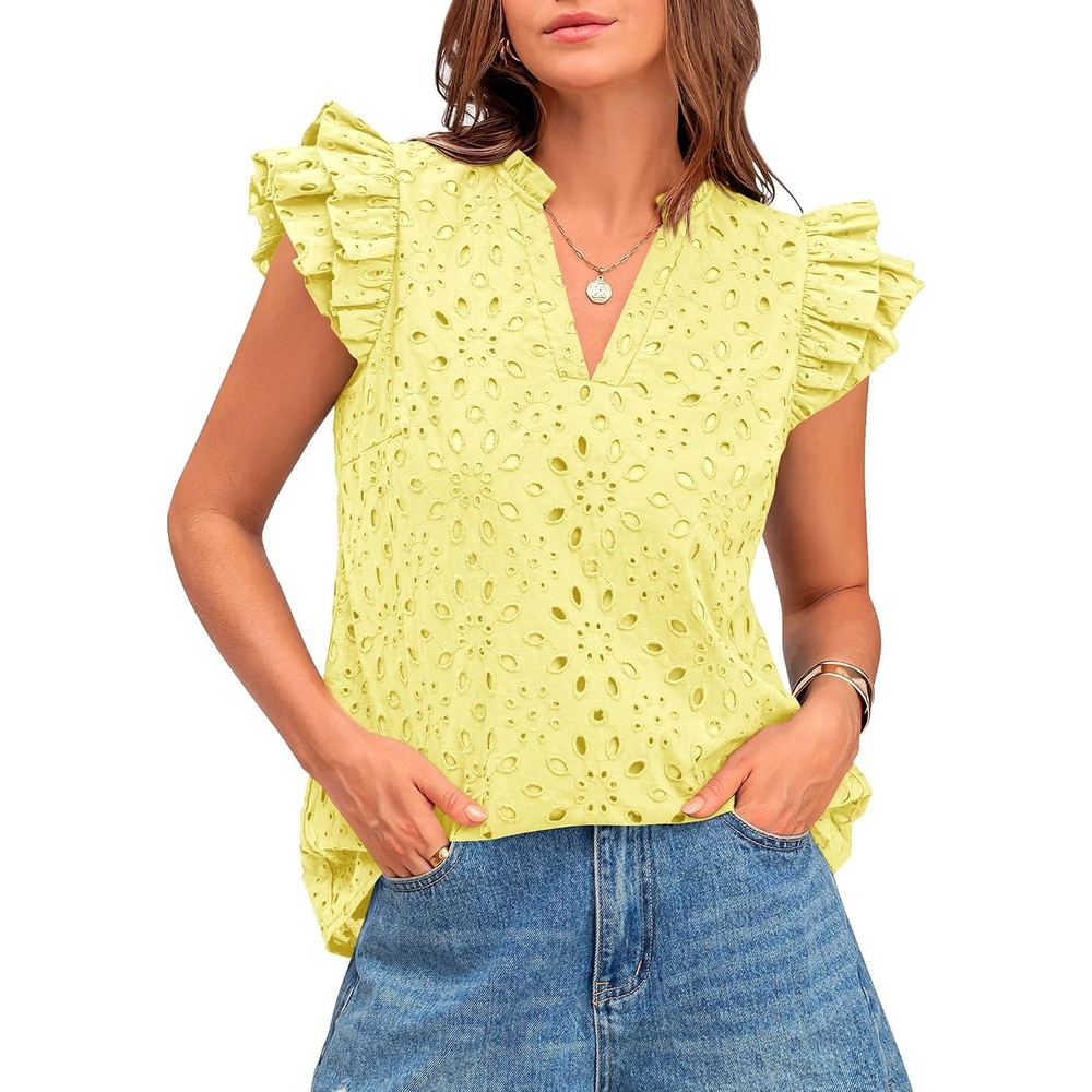 image:imageBTFBM Eyelet Tops for Women Dressy Casual Embroidered ShirtYellow