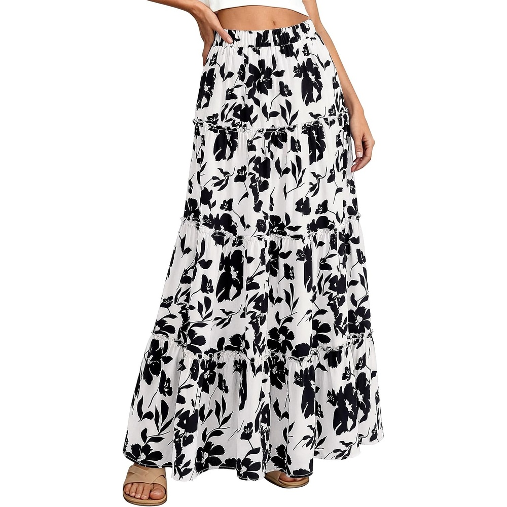 image:imageBTFBM Floral Maxi Skirts for Women Summer Spring 2026 Elastic Waist Tiered Flowy Beach Vacation Outfits Boho Long SkirtFloral White Black