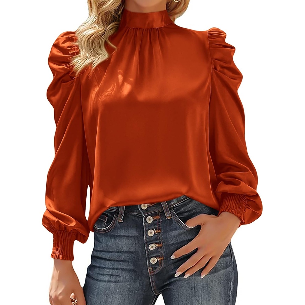 image:imageBTFBM High Neck Long Sleeve Satin Blouses for Women DressyBrick Red