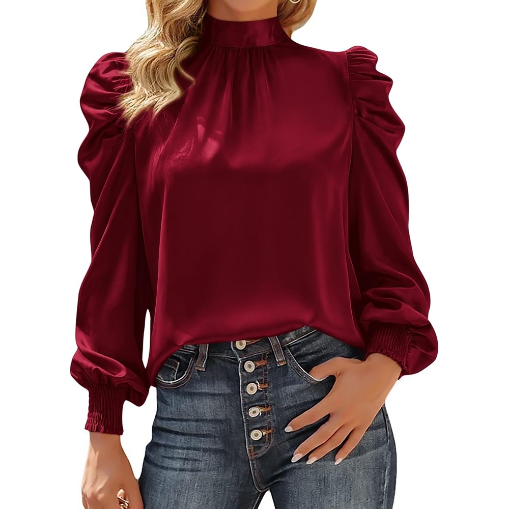 image:imageBTFBM High Neck Long Sleeve Satin Blouses for Women DressyWine Red