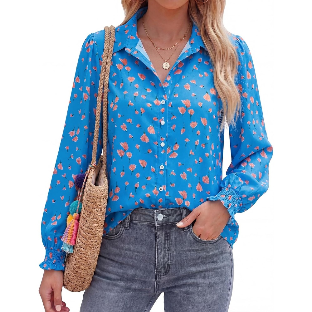 image:imageBTFBM Long Sleeve Blouses for WomenFloral Blue Orange