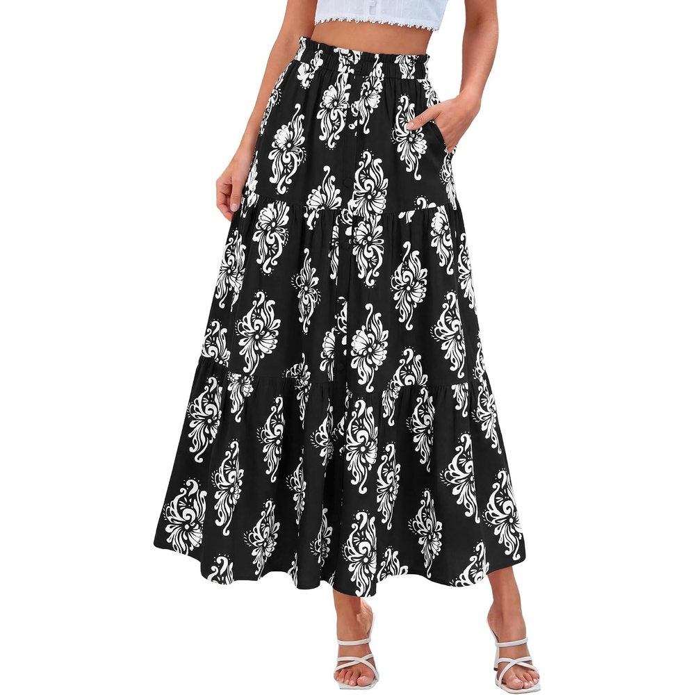 image:imageBTFBM Maxi Skirts for Women Summer Outfits Elastic High Waist A Line Boho Beach Vacation Cruise Floral Long Skirt 2026Black White Flower