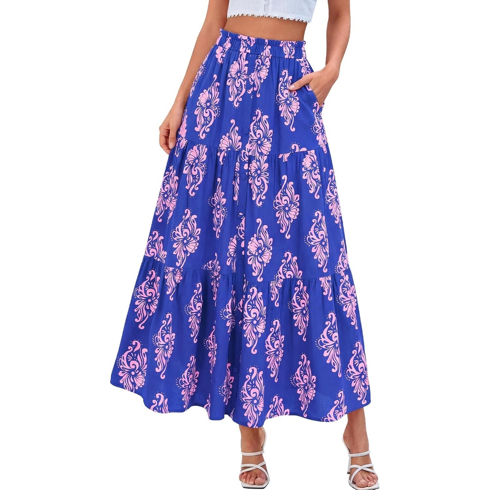 image:imageBTFBM Maxi Skirts for Women Summer Outfits Elastic High Waist A Line Boho Beach Vacation Cruise Floral Long Skirt 2026Dark Blue Pink Flower