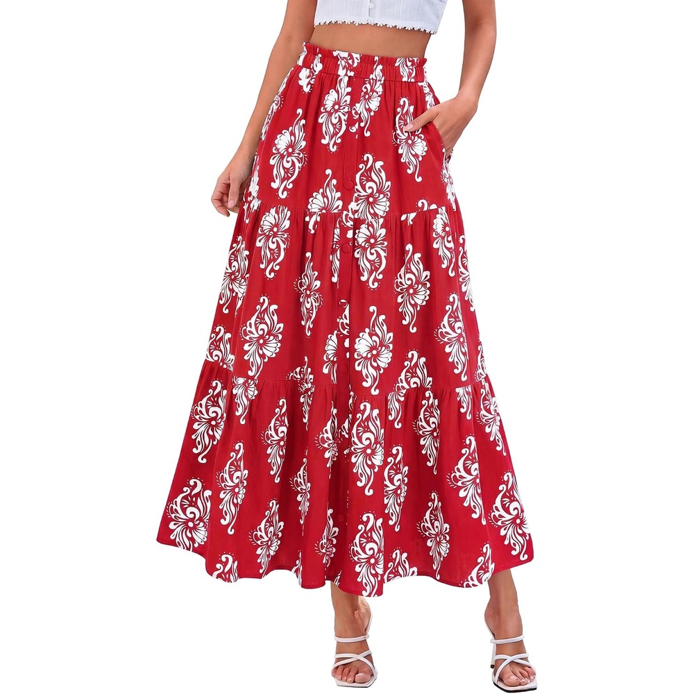 image:imageBTFBM Maxi Skirts for Women Summer Outfits Elastic High Waist A Line Boho Beach Vacation Cruise Floral Long Skirt 2026Floral Red White Flower