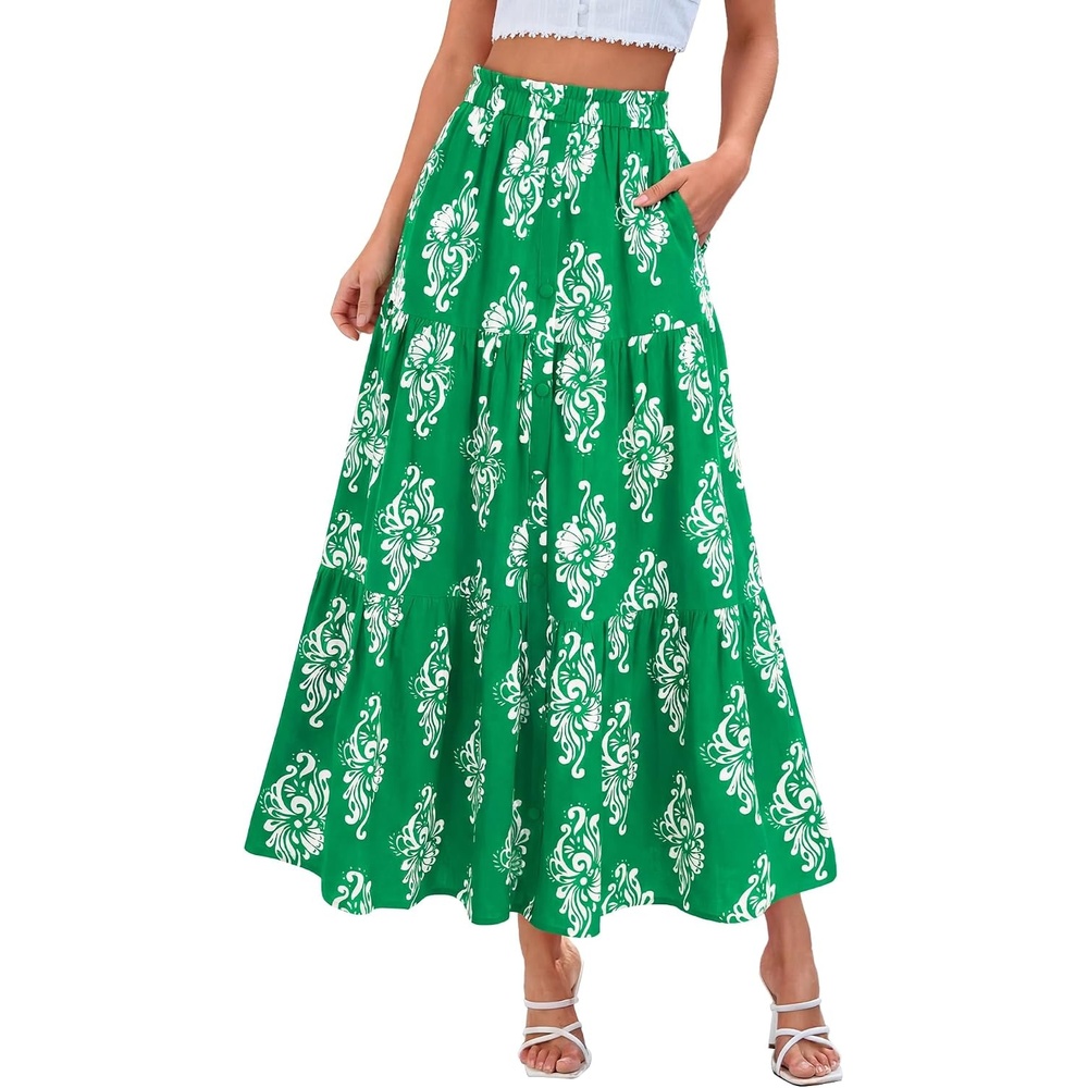 image:imageBTFBM Maxi Skirts for Women Summer Outfits Elastic High Waist A Line Boho Beach Vacation Cruise Floral Long Skirt 2026Green White Flower