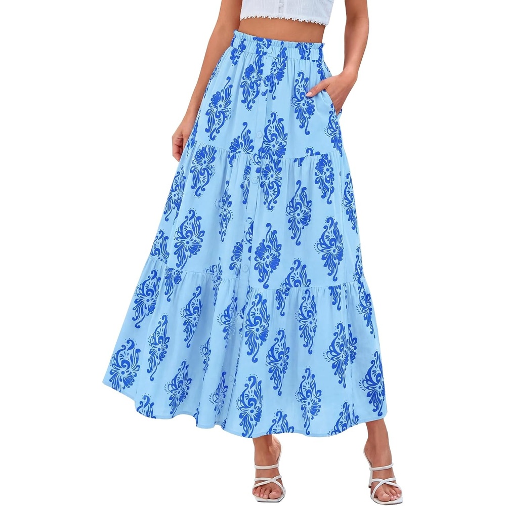 image:imageBTFBM Maxi Skirts for Women Summer Outfits Elastic High Waist A Line Boho Beach Vacation Cruise Floral Long Skirt 2026Light Blue Blue Flower