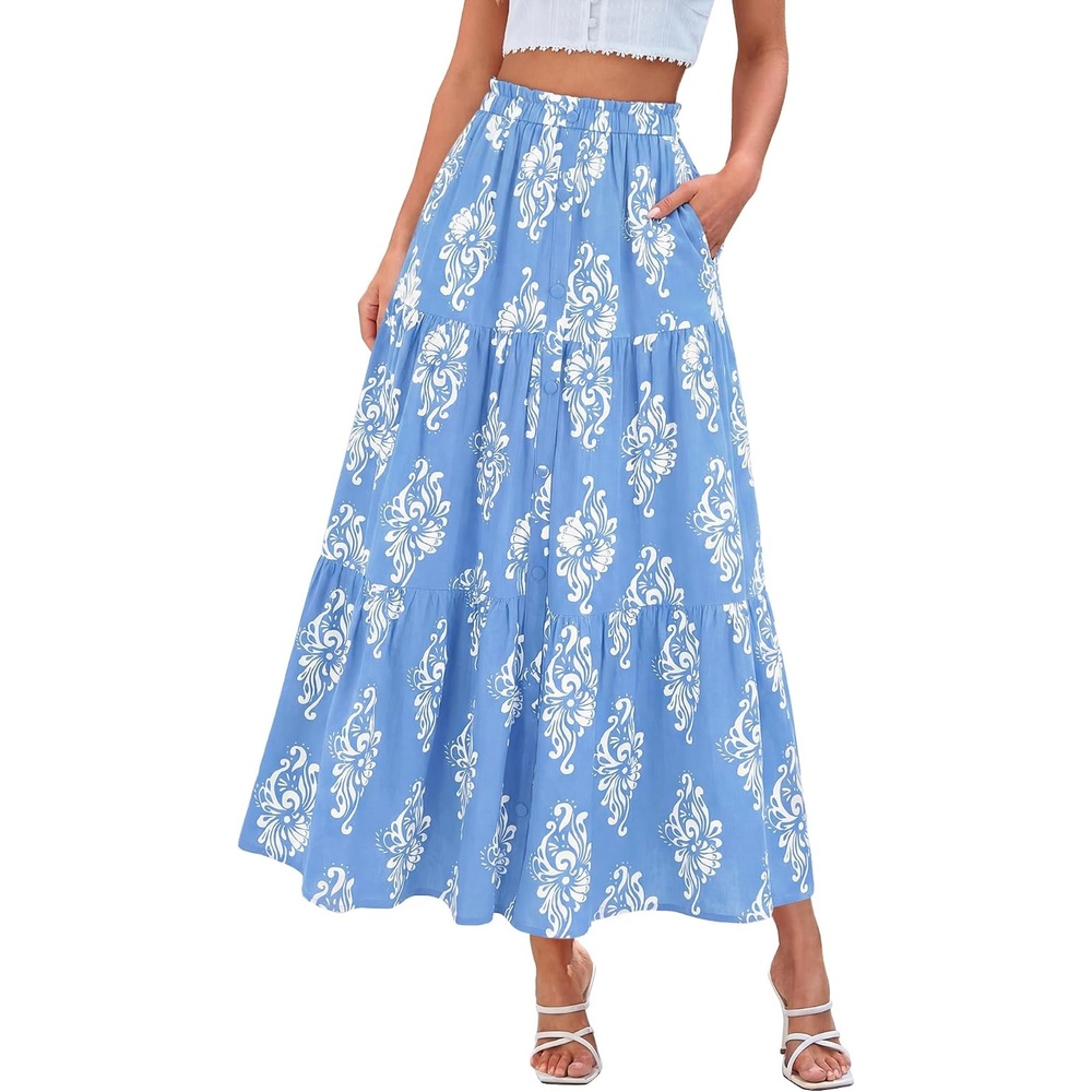 image:imageBTFBM Maxi Skirts for Women Summer Outfits Elastic High Waist A Line Boho Beach Vacation Cruise Floral Long Skirt 2026Light Blue White Flower