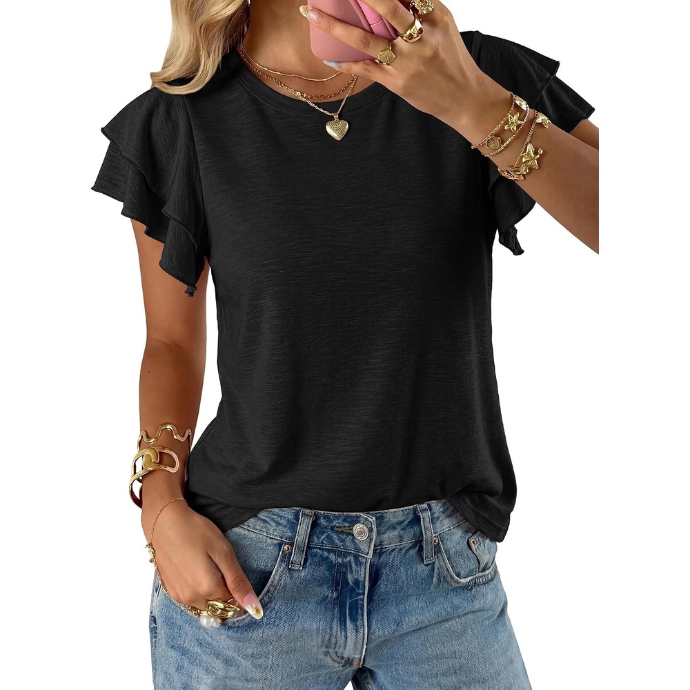 image:imageBTFBM Ruffle Sleeve Summer Tops for Women 2026Black