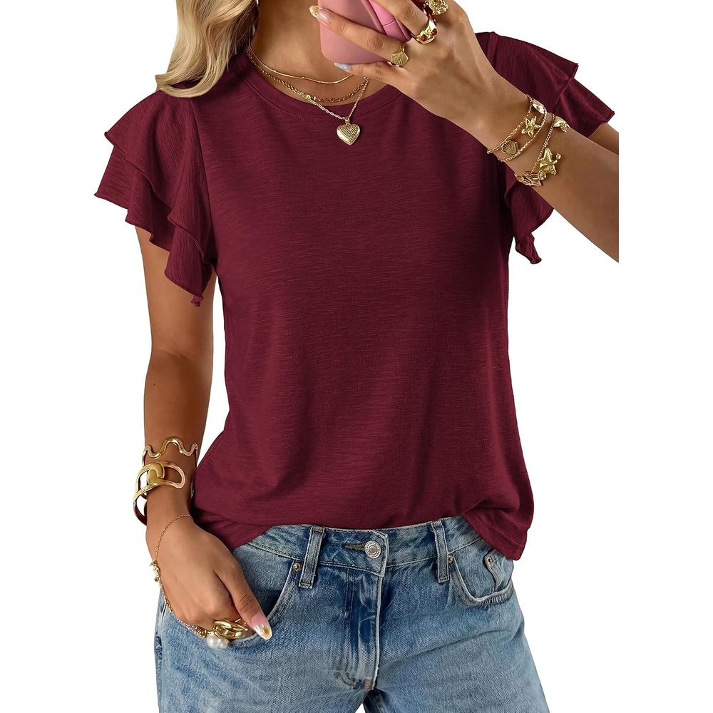 image:imageBTFBM Ruffle Sleeve Summer Tops for Women 2026Burgundy