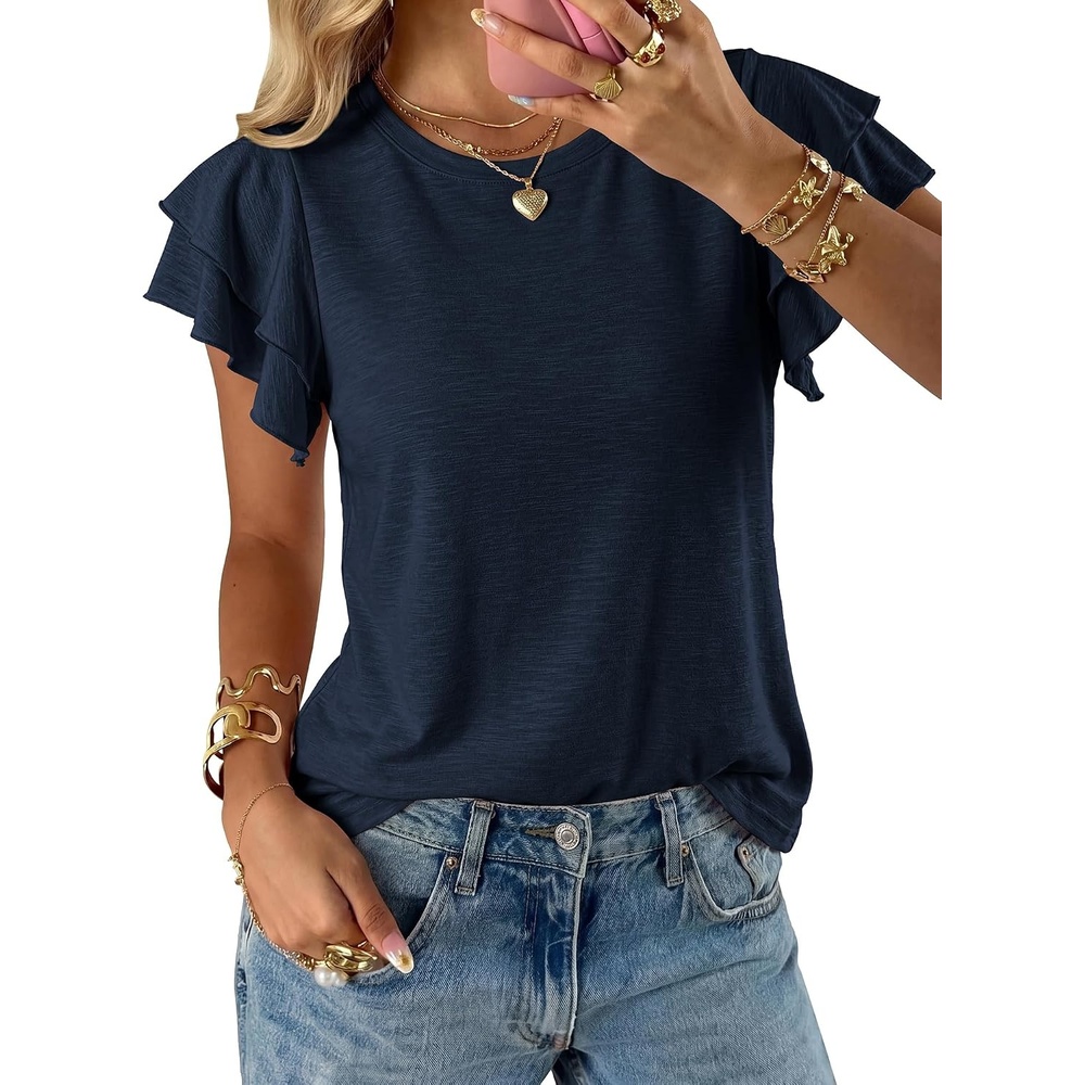 image:imageBTFBM Ruffle Sleeve Summer Tops for Women 2026Navy Blue