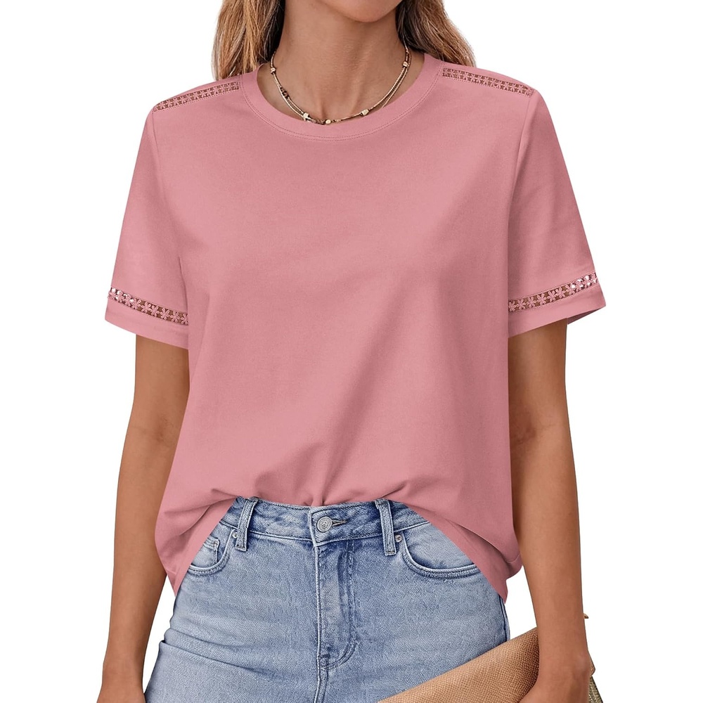 image:imageBTFBM Short Sleeve Shirts for Women 2026 Lace Summer Tops Spring Casual Loose Crew Neck TShirt Cute Vacation OutfitsPink