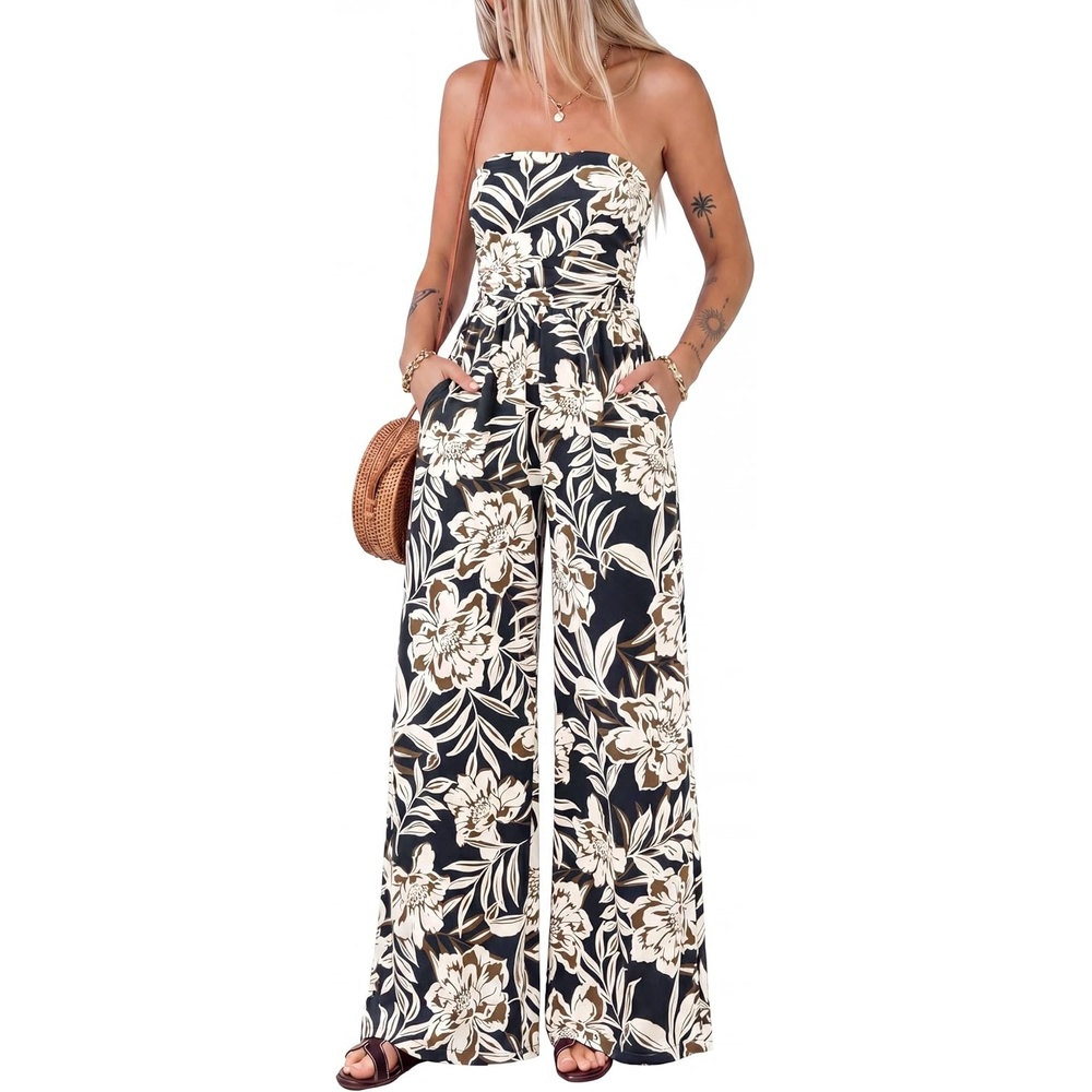image:imageBTFBM Strapless Jumpsuits For Women Floral RompersFloral Black Beige