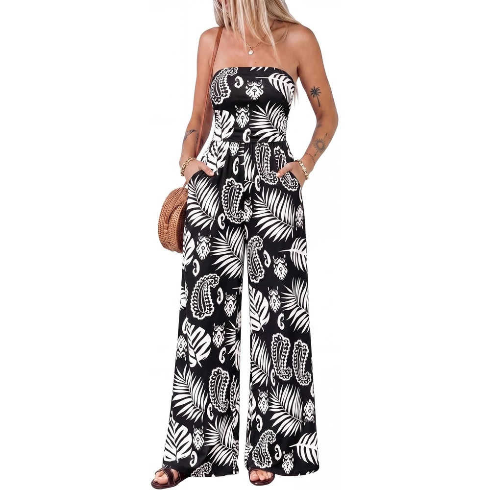 image:imageBTFBM Strapless Jumpsuits For Women Floral RompersFloral Black White
