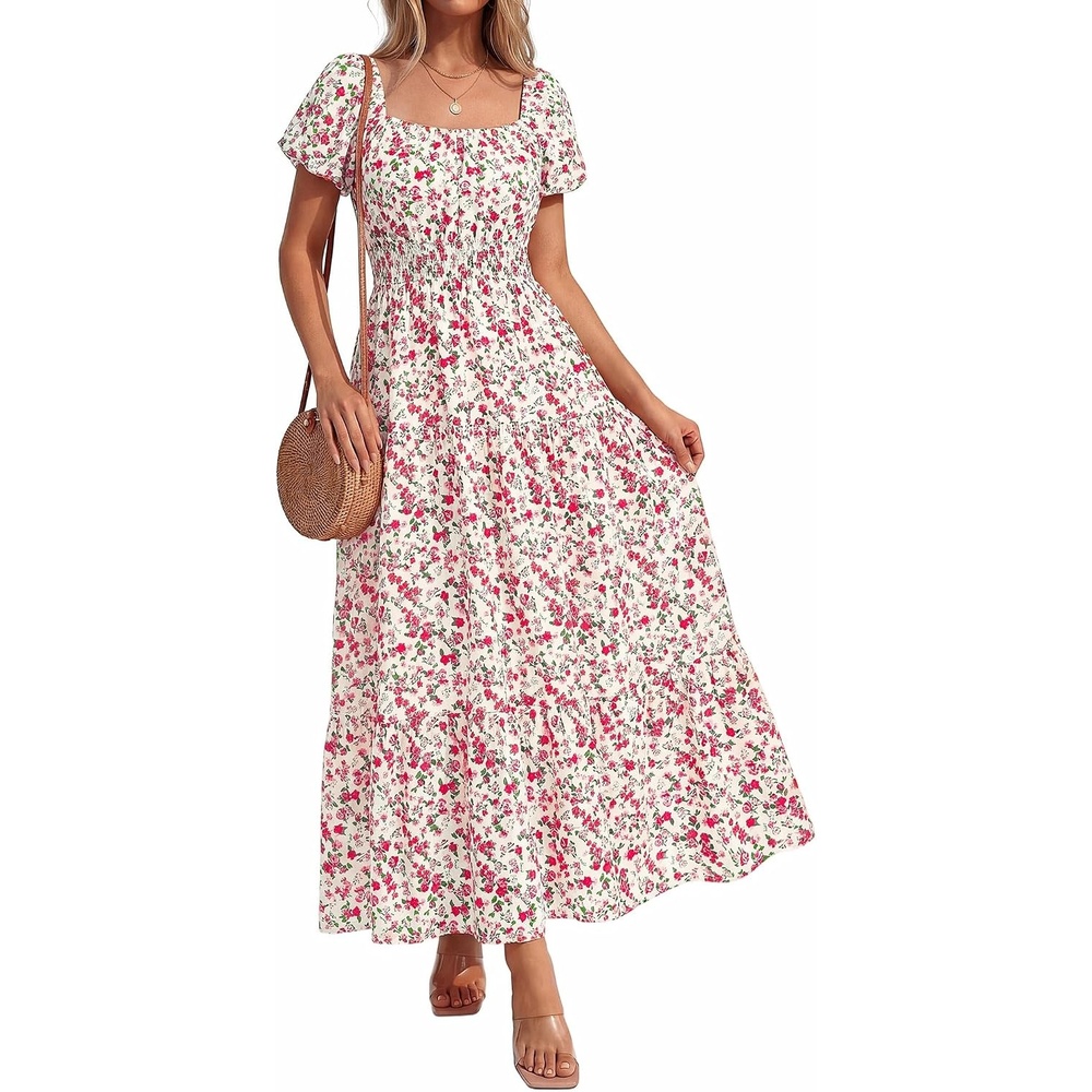 image:imageBTFBM Summer Dress for Women 2026 Spring Floral Short Sleeve Casual Flowy ALine Smocked Tiered Maxi Dresses PocketsFloral Apricot Red