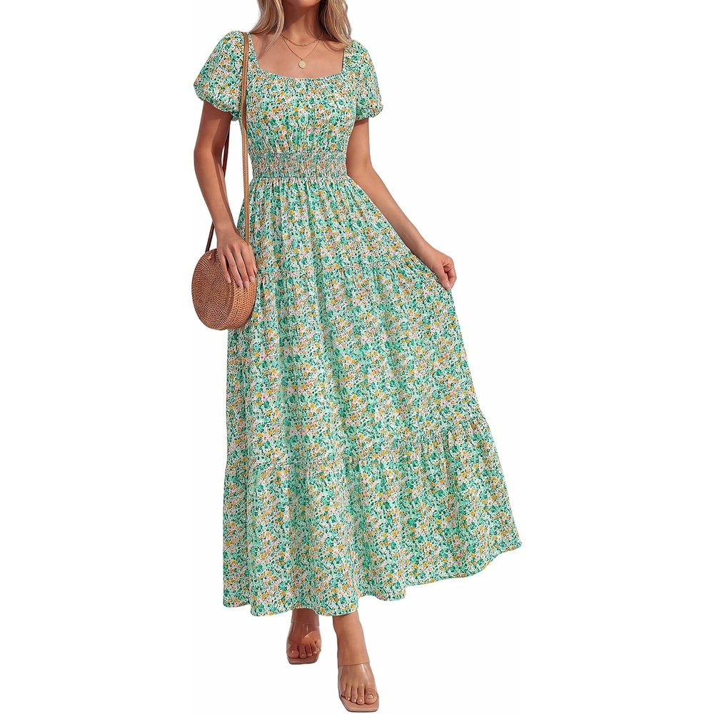 image:imageBTFBM Summer Dress for Women 2026 Spring Floral Short Sleeve Casual Flowy ALine Smocked Tiered Maxi Dresses PocketsFloral Green