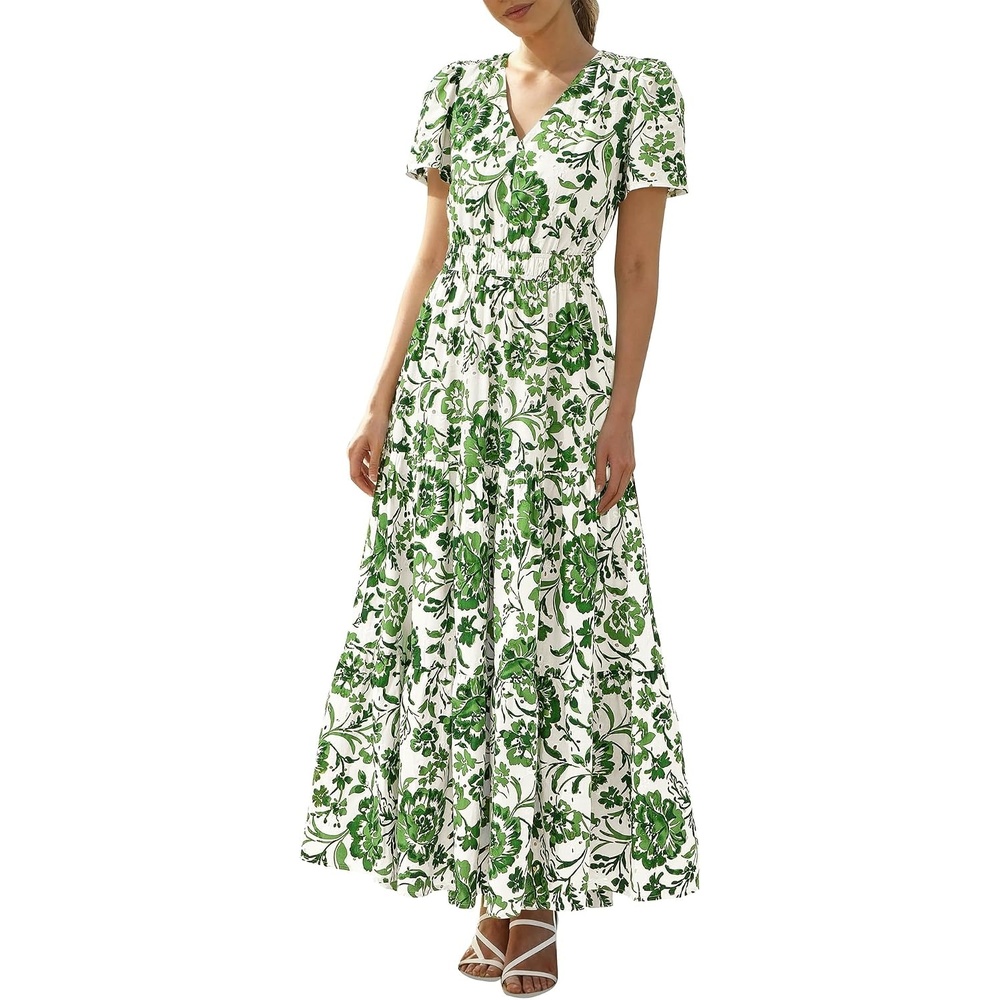 image:imageBTFBM Summer Dresses for Women 2026 Boho Maxi Dress Eyelet Floral SundressFloral White Green