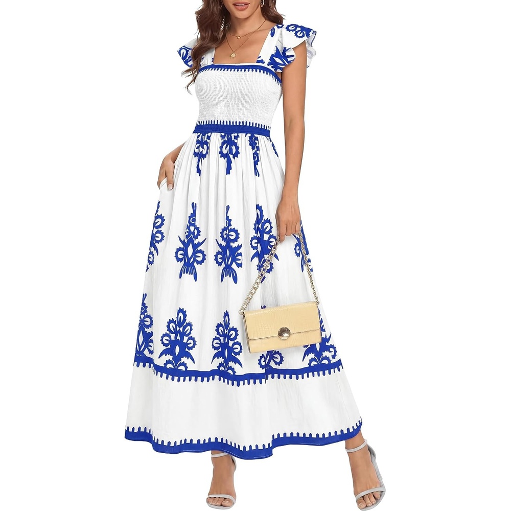 image:imageBTFBM Summer Dresses for Women 2026 Casual Floral Boho Sleeveless Square Neck A Line Flowy Beach Maxi Sundress PocketsWhite Blue
