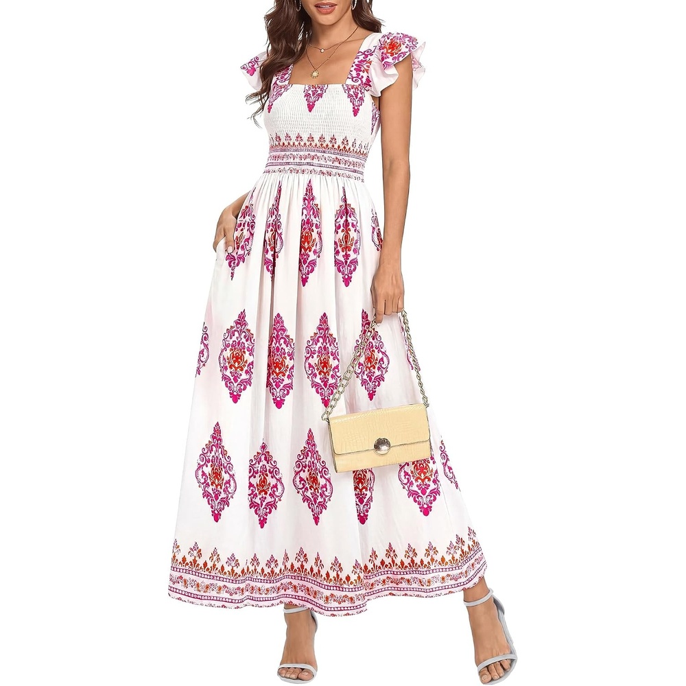 image:imageBTFBM Summer Dresses for Women 2026 Casual Floral Boho Sleeveless Square Neck A Line Flowy Beach Maxi Sundress PocketsWhite Rose Red