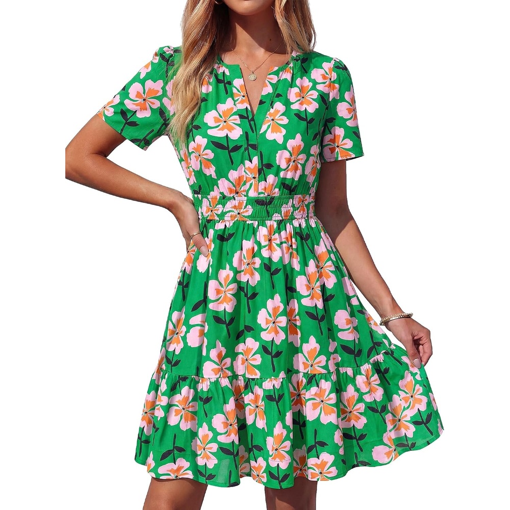 image:imageBTFBM Summer Dresses for Women 2026 Casual Short Sleeve Floral Mini DressGreen Pink Flower