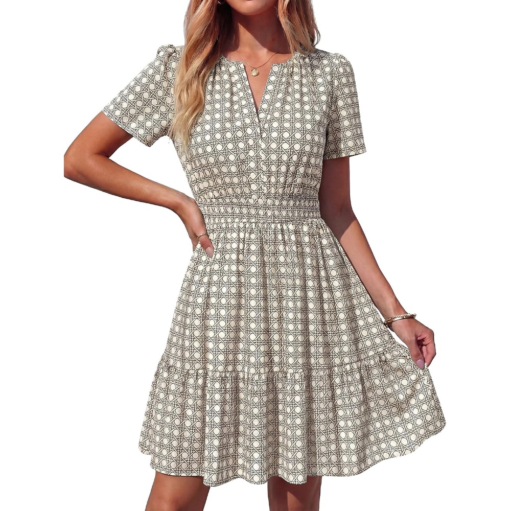 image:imageBTFBM Summer Dresses for Women 2026 Casual Short Sleeve Floral Mini DressLight Khaki