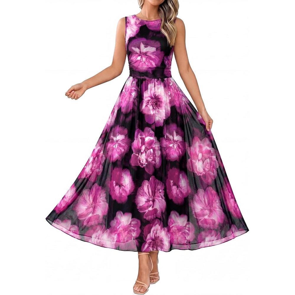 image:imageBTFBM Summer Dresses for Women 2026 Floral Maxi Dress Sleeveless Mesh Flowy Spring Wedding Guest Dress Long SundressesBlack Flower
