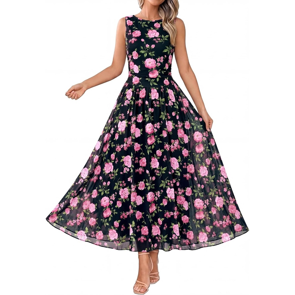 image:imageBTFBM Summer Dresses for Women 2026 Floral Maxi Dress Sleeveless Mesh Flowy Spring Wedding Guest Dress Long SundressesBlack Pink Flower