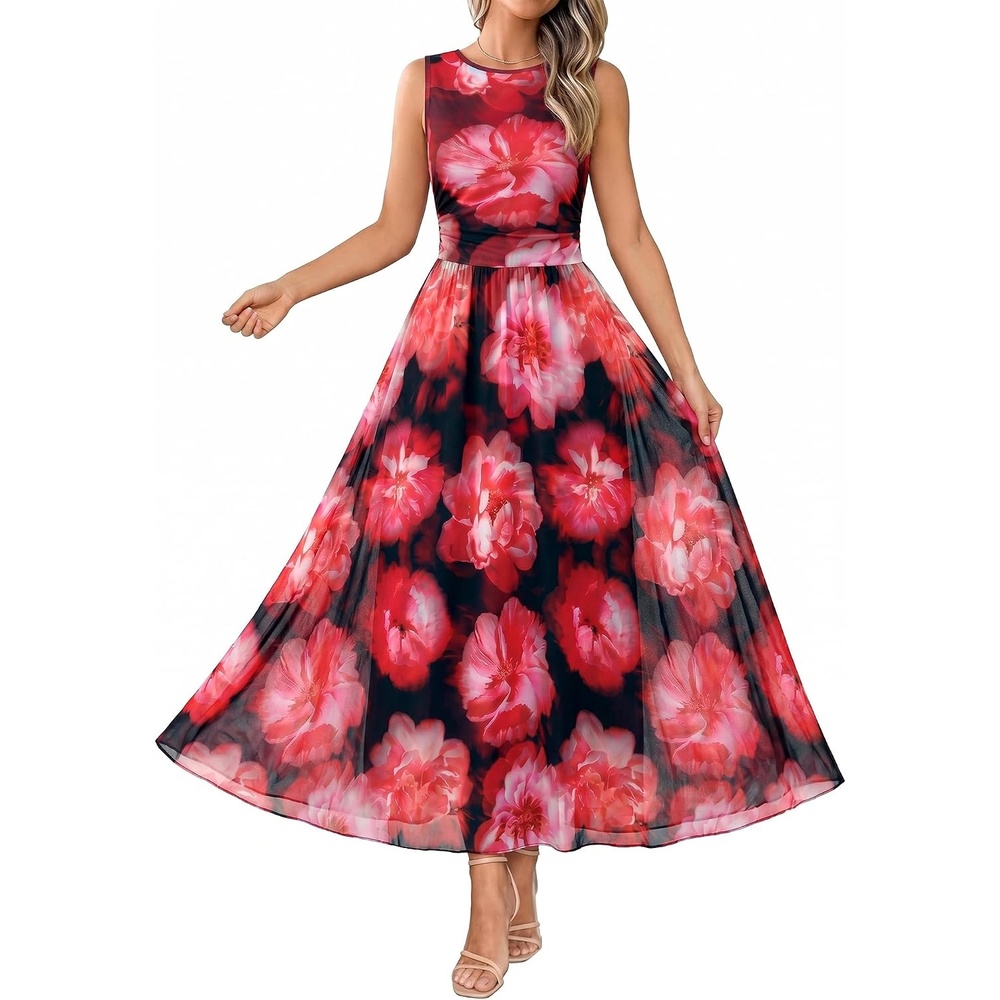 image:imageBTFBM Summer Dresses for Women 2026 Floral Maxi Dress Sleeveless Mesh Flowy Spring Wedding Guest Dress Long SundressesBlack Red Flower