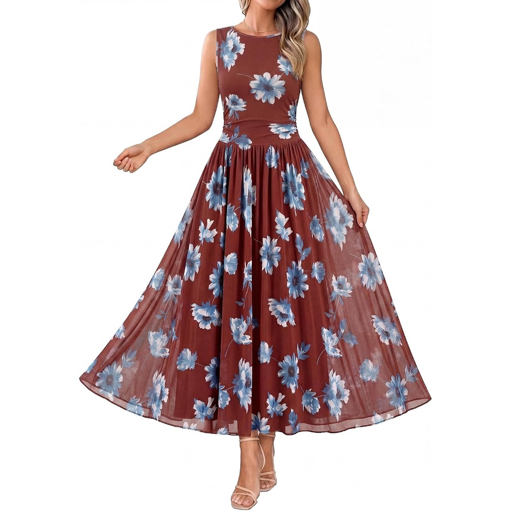 image:imageBTFBM Summer Dresses for Women 2026 Floral Maxi Dress Sleeveless Mesh Flowy Spring Wedding Guest Dress Long SundressesBrown Blue Flower