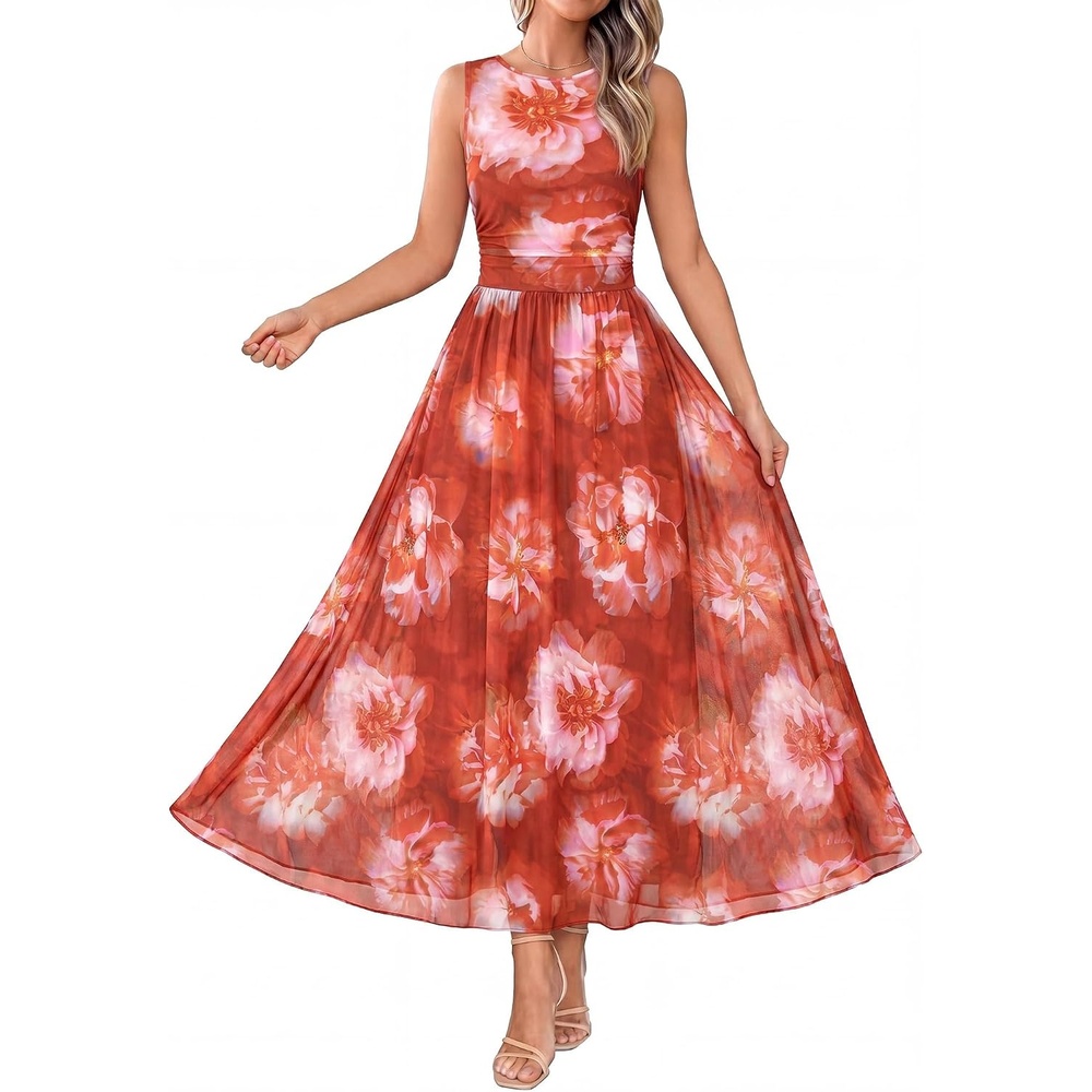 image:imageBTFBM Summer Dresses for Women 2026 Floral Maxi Dress Sleeveless Mesh Flowy Spring Wedding Guest Dress Long SundressesBrown Red Flower