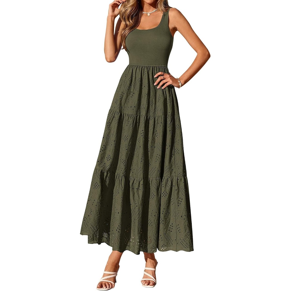 image:imageBTFBM Summer Eyelet Dress for Women Sundresses Casual Boho Sleeveless A Line Flowy 2026 Spring Outfits Midi DressesArmy Green