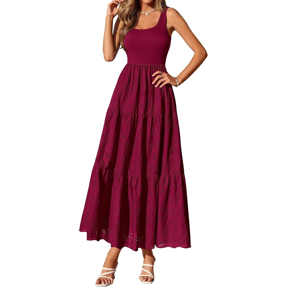 image:imageBTFBM Summer Eyelet Dress for Women Sundresses Casual Boho Sleeveless A Line Flowy 2026 Spring Outfits Midi DressesDark Red