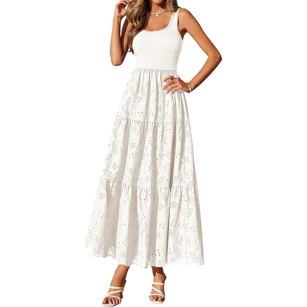 image:imageBTFBM Summer Eyelet Dress for Women Sundresses Casual Boho Sleeveless A Line Flowy 2026 Spring Outfits Midi DressesWhite