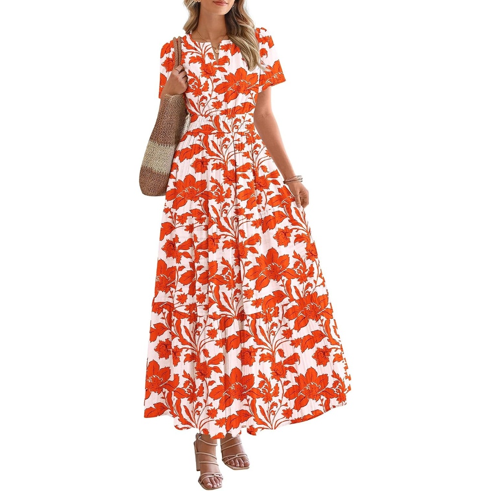 image:imageBTFBM Summer Maxi Dresses for Women 2026 Floral V Neck Short Sleeve DressFloral Brick Red