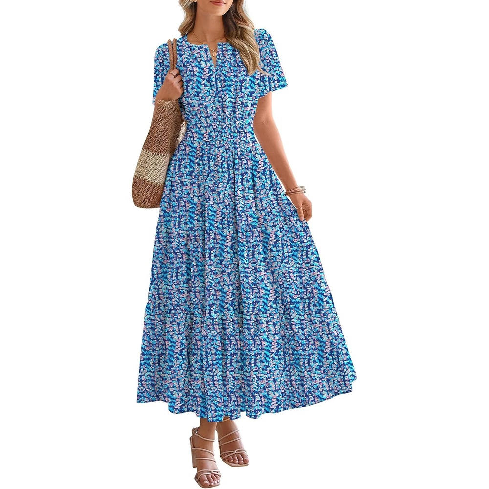 image:imageBTFBM Summer Maxi Dresses for Women 2026 Floral V Neck Short Sleeve DressFloral Dark Blue