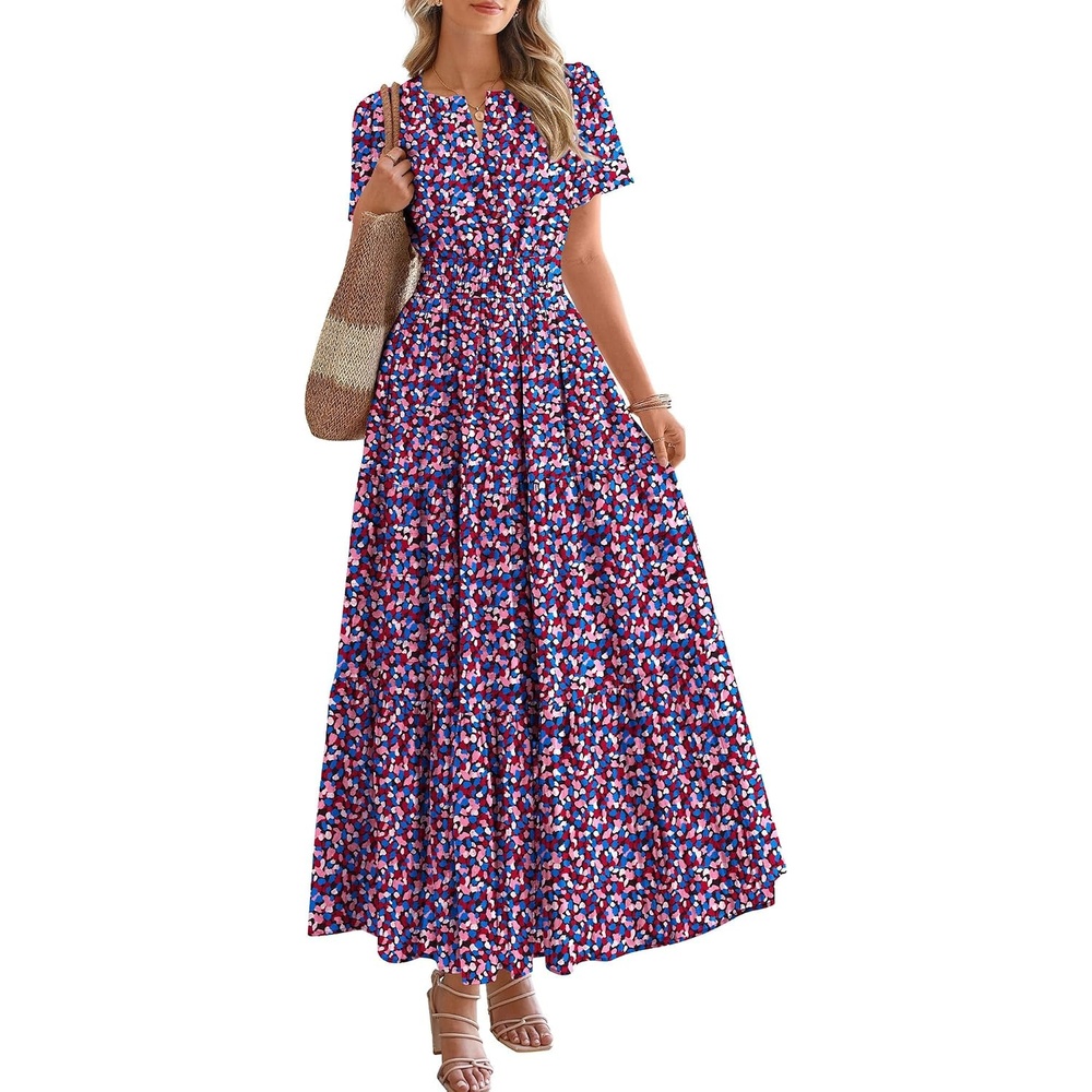 image:imageBTFBM Summer Maxi Dresses for Women 2026 Floral V Neck Short Sleeve DressFloral Red Blue