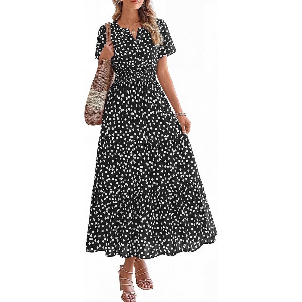 image:imageBTFBM Summer Maxi Dresses for Women 2026 Floral V Neck Short Sleeve DressPolka Dot Black White
