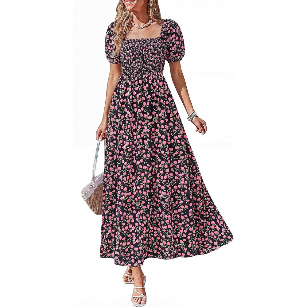 image:imageBTFBM Summer Maxi Dresses for Women Wedding Guest Spring Floral Boho Short Sleeve Smocked Beach Graduation Dress 2026Floral Black Pink