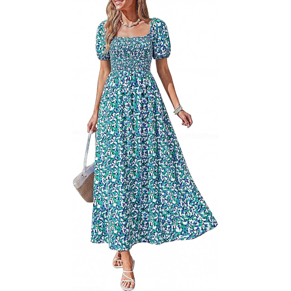 image:imageBTFBM Summer Maxi Dresses for Women Wedding Guest Spring Floral Boho Short Sleeve Smocked Beach Graduation Dress 2026Floral Blue Green