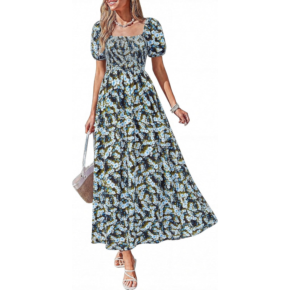 image:imageBTFBM Summer Maxi Dresses for Women Wedding Guest Spring Floral Boho Short Sleeve Smocked Beach Graduation Dress 2026Floral Blue Yellow