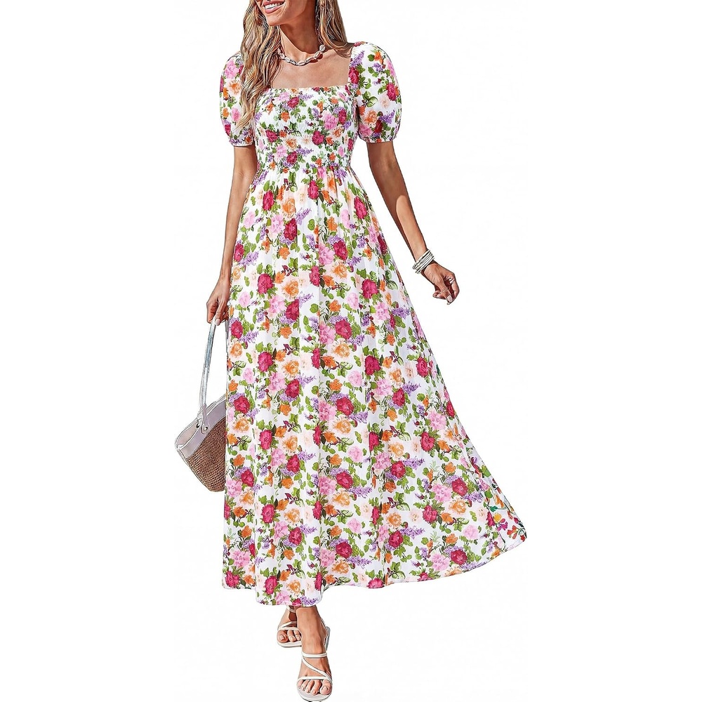 image:imageBTFBM Summer Maxi Dresses for Women Wedding Guest Spring Floral Boho Short Sleeve Smocked Beach Graduation Dress 2026Floral White Multi