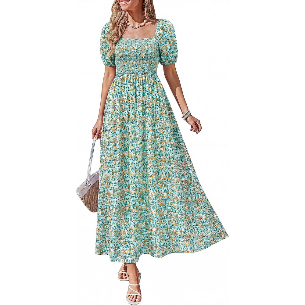 image:imageBTFBM Summer Maxi Dresses for Women Wedding Guest Spring Floral Boho Short Sleeve Smocked Beach Graduation Dress 2026Light Green Flower