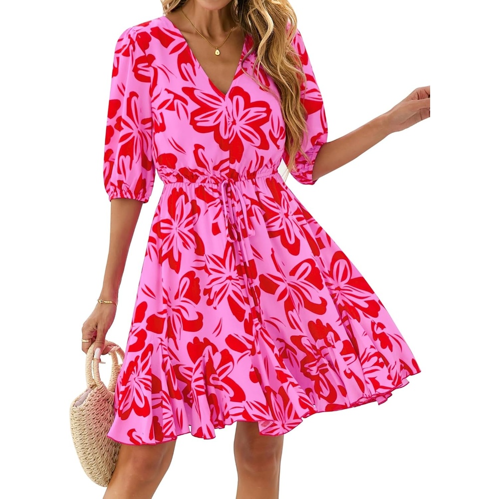 image:imageBTFBM Summer Mini Floral Dress for Women Beach VacationFloral Pink Red