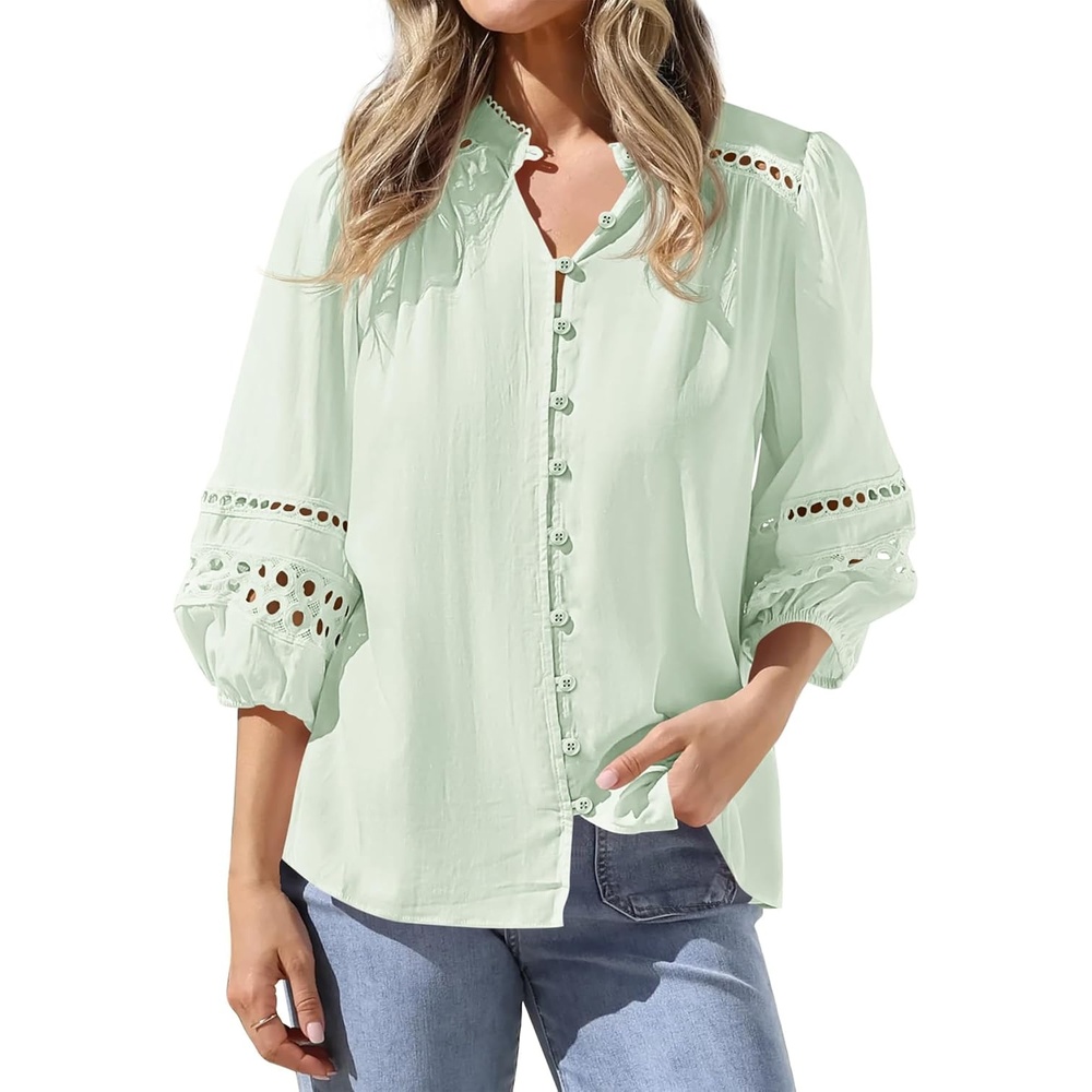 image:imageBTFBM Summer Tops for Women 2026 Eyelet Top 34 Length Sleeve Dressy Casual Blouses Spring Boho Button Down ShirtsBean Green