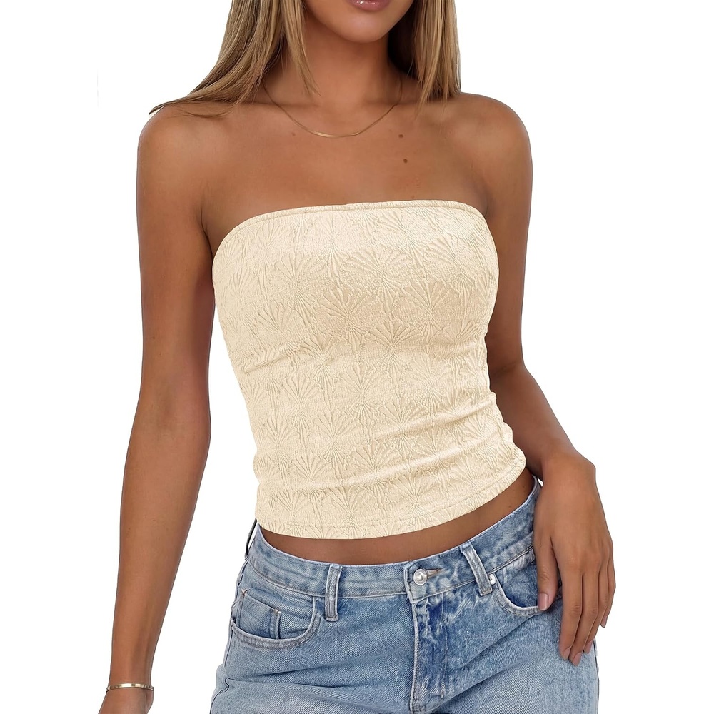 image:imageBTFBM Tube Tops for Women Floral Embroidery Summer Crop TopApricot