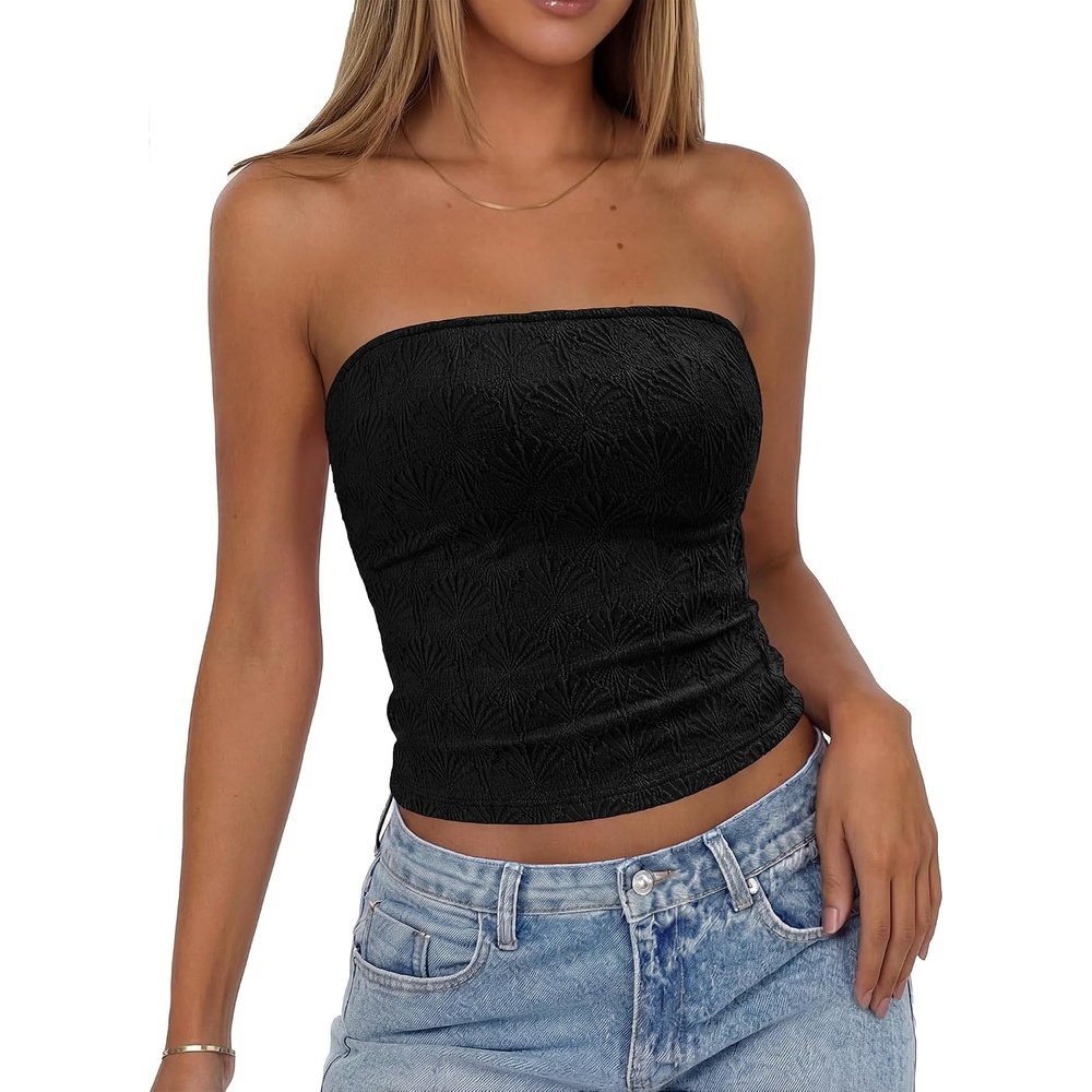 image:imageBTFBM Tube Tops for Women Floral Embroidery Summer Crop TopBlack