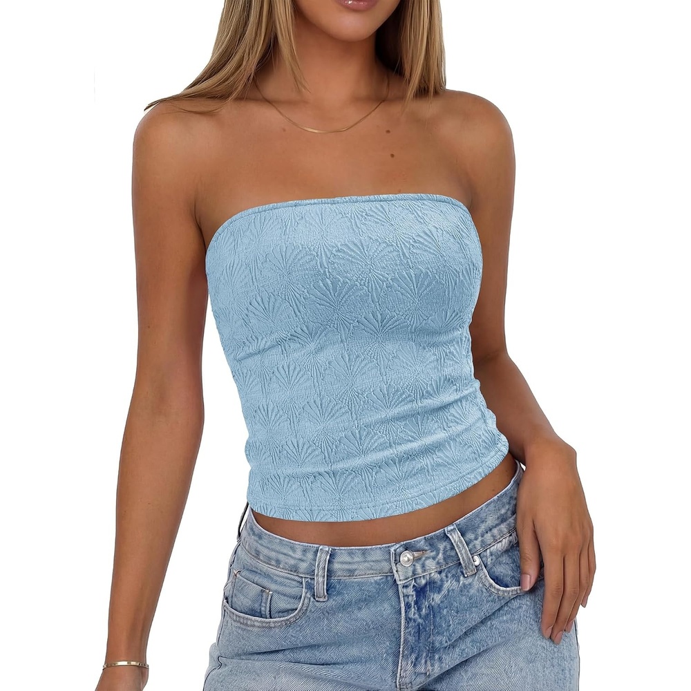 image:imageBTFBM Tube Tops for Women Floral Embroidery Summer Crop TopLight Blue