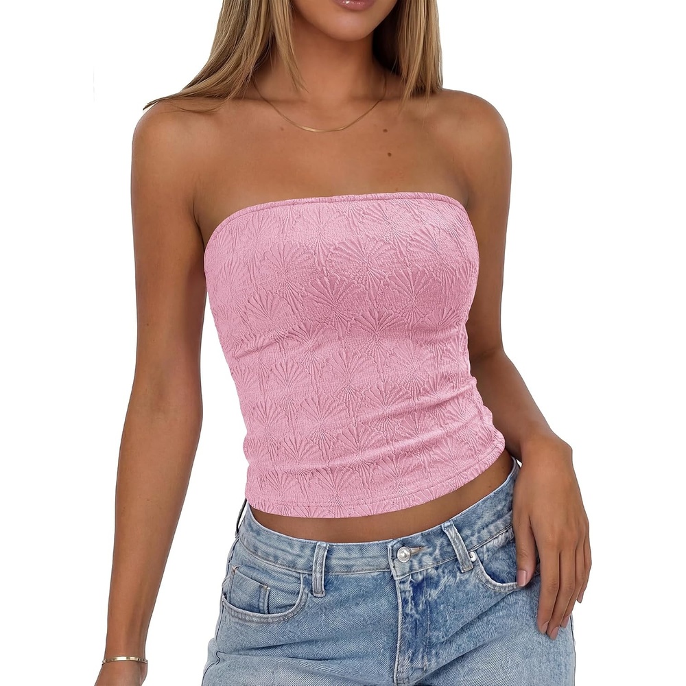 image:imageBTFBM Tube Tops for Women Floral Embroidery Summer Crop TopPink
