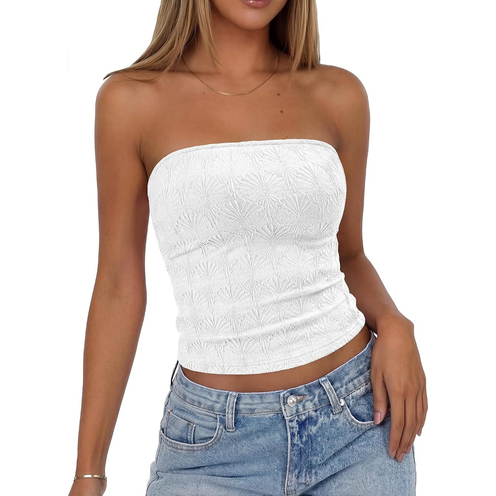 image:imageBTFBM Tube Tops for Women Floral Embroidery Summer Crop TopWhite
